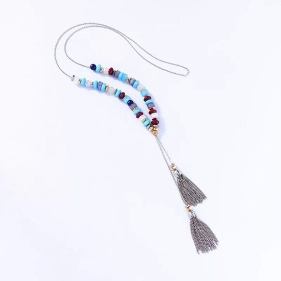 Blue Beaded Tassel Fringe Lariat Long Vintage Silver Pendant Statement Necklace - Picture 1 of 8